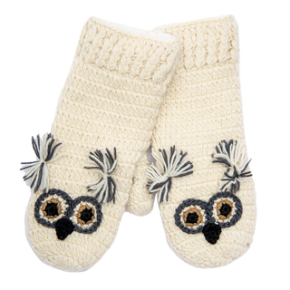 A pair of 100% wool Burrow & Be Crochet Owl Mittens.