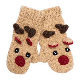 A pair of Crochet Reindeer Mittens with a reindeer face design, featuring red noses and dark brown antlers, handmade in Nepal.
