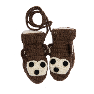 A pair of handmade Crochet Monkey Mittens with sherpa lining on a white background.