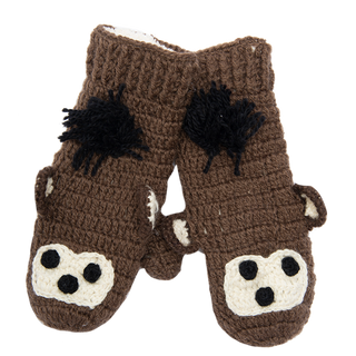 A pair of Crochet Monkey Mittens with pom poms, sherpa lined.