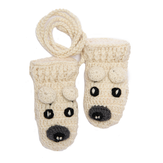 A pair of handmade, Crochet Bear Mittens with eyes and ears, sherpa lined for extra warmth.