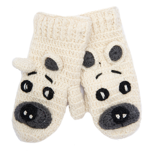 A pair of handmade Crochet Bear Mittens with a dog face on them, sherpa lined for extra warmth.