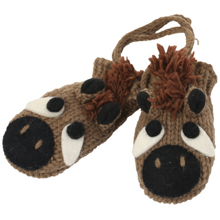 A pair of Horse2 Mittens designed to look like bear faces with black noses, white and black eyes, and brown details.