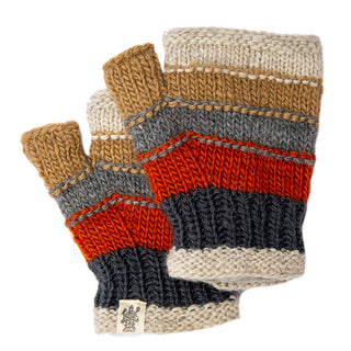 A pair of fingerless wool short cuff handwarmers with horizontal stripes in shades of beige, orange, grey, and brown, featuring a small emblem attached near the wrist area.