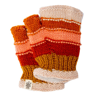 A pair of striped orange and beige wool Short cuff handwarmers with a convertible finger flap.