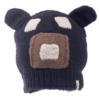 Handmade in Nepal, this Square Bear Hat- BLACK features a bear face design with ears on top and facial features on the front.