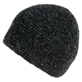 A black wool Crochet Seed Beanie with seed knit design on a white background.