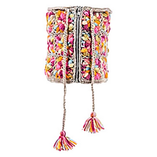 A colorful, Multi Color Flower Crochet Neck Gaiter lampshade with floral patterns and two hanging tassels, handmade in Nepal.
