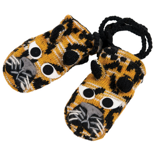 A pair of Leopard Mittens with a leopard design on a white background, crafted in Nepal.