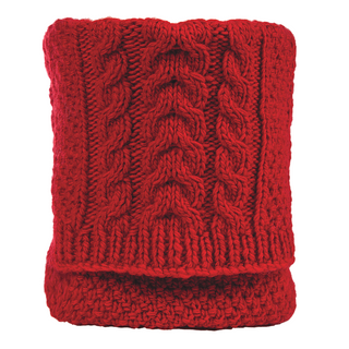 A red wool cable knit Sectional Neckwarmer with a fleece lining, isolated on a white background.