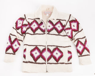 A cream-colored Diamond Sweater Jacket w/ Brass Zipper, handmade in Nepal, with a burgundy and pink diamond pattern displayed on a white background.