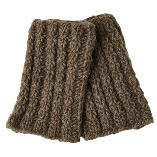 A pair of brown knitted Chain Mail Bootcuffs made from wool.