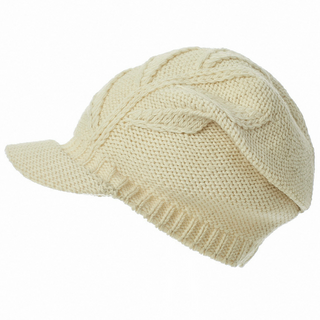 Handmade in Nepal, knitted beige wool Life Slouch Cap with a visor on a white background.
