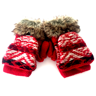 A pair of Opposite Pattern Fingerless Gloves w/ Flap with a fluffy faux fur cuff on a white background, handmade in Nepal.