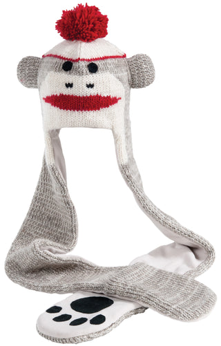 A Cute Monkey Hatscarf with a red pom-pom on top, embroidered eyes, and a mouth, with long ear flaps and pockets at the ends resembling monkey paws.