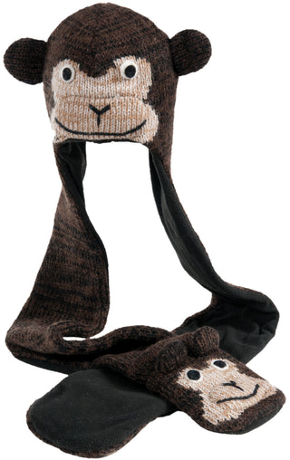 A Cheeta Monkey Hatscarf with long sides resembling a scarf and pockets at the ends, hand-knit from Merino wool.