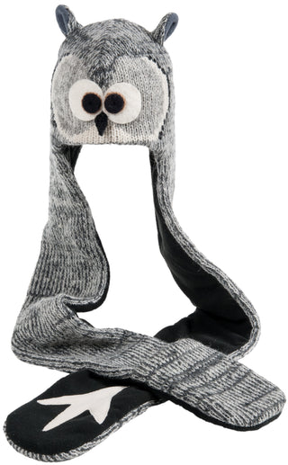 A hand-knit Owl Hatscarf designed to resemble an owl, with extended ear flaps and decorative features.
