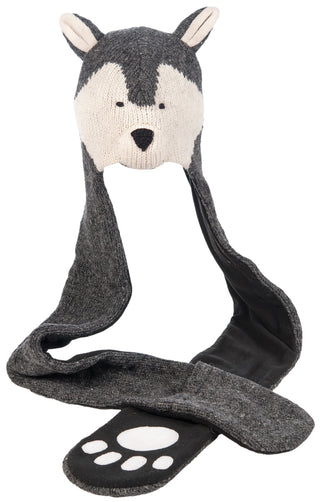 A hand-made wool Wolf Hatscarf with paws on it.