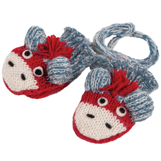 A pair of Cute Monkey Mittens-Blue designed to look like red and blue cartoonish monkey faces.