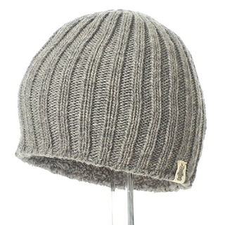 A gray Chase Beanie displayed on a stand.