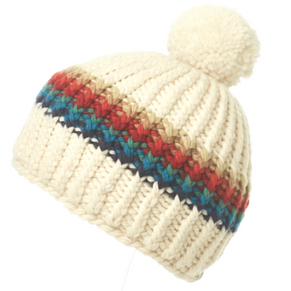 A handmade Hi Fidelity Beanie w/ Pom, multicolored crocheted beanie with a pom-pom on top, isolated on a white background.