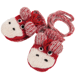 A pair of Cute Monkey Mittens-Red from Nepal with monkey faces on the toes.