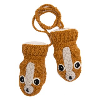 A pair of Crochet Lucy Puppy Mittens handmade in Nepal on a white background.