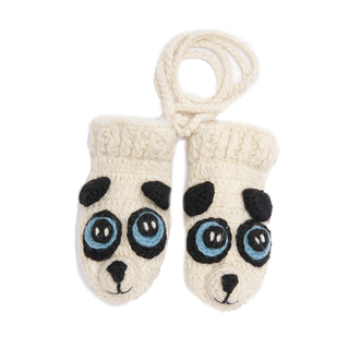 A pair of Crochet Panda Mittens with blue eyes.