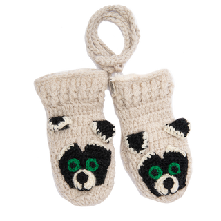 A pair of handmade Nepal Crochet Rockey Racoon mittens with green eyes.