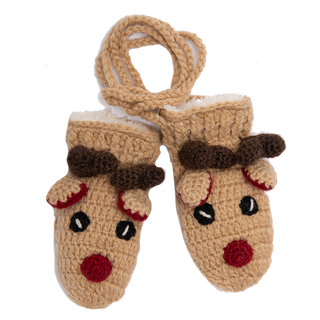 A pair of Crochet Reindeer Mittens handmade in Nepal with a reindeer design on a white background.