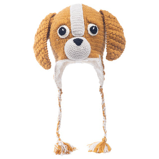 A Crochet Lucy Puppy Hat with sherpa lining on a white background.