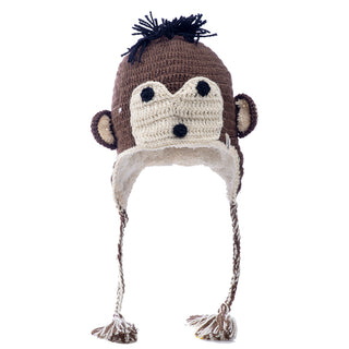 Handmade in Nepal, Crochet Monkey Hat with earflaps and tassels on a white background.