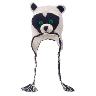 A handmade Crochet Rockey Racoon Hat on a white background.