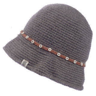 A grey crocheted Emily Sun hat with a leather band.