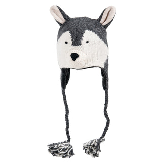 Hand-knit Wolf Hat for children with an animal face design and ear flaps with tassels, isolated on a white background.
