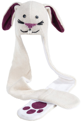 A knitted wool Bunny Hatscarf with paws on it.