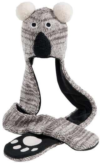Hand-knit Koala Hatscarf with ear flaps and paw print design.