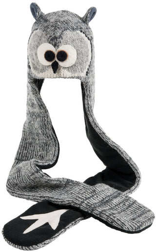 A hand-knit Merino Wool gray Owl Hatscarf with long ear flaps and embroidered eyes.