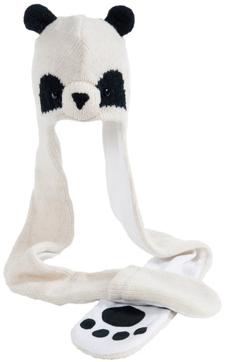 A hand-knit Panda Hatscarf with paws on it.