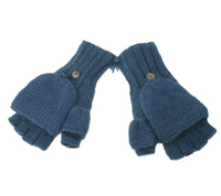 A pair of Hand Knit Fingerless Gloves With Button Flap and Fleece Lining in blue, featuring convertible fold-over wool mitten flaps secured by buttons. The gloves have fingerless openings and are displayed flat on a white background.