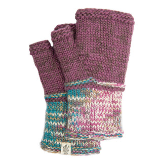 A pair of Heathered two tone handwarmers with a striped pattern on the wrist area.