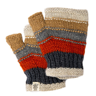 A pair of Short cuff handwarmers with stripes in shades of beige, gray, and red, featuring a small emblem on the side.