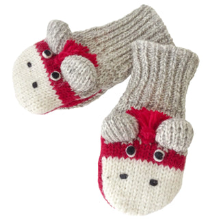 A pair of CuteMonkey Mittens-Grey with a cute moose on them.