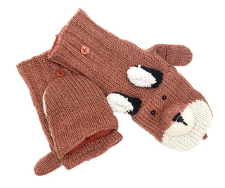 A pair of brown wool Fox Cover mittens, handmade.