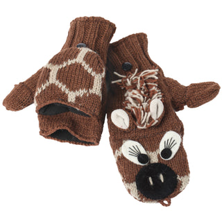A pair of Giraffe Cover Mittens with a reindeer design against a white background.
