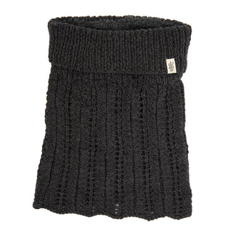 Lacey neckwarmer with a ribbed pattern and a small logo tag on the side.