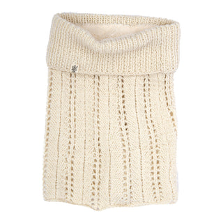A cream-colored Lacey neckwarmer with a folded top and cable knit pattern, isolated on a white background.