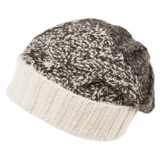 A handmade Two Tone Cable Rib Fold Slouch beanie on a white background.