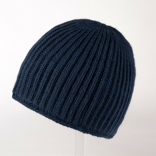 A blue oversized beanie on a mannequin.