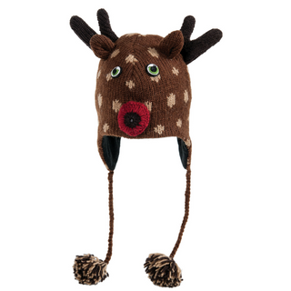 A Deer Hat made of 100% wool with pom poms on it.